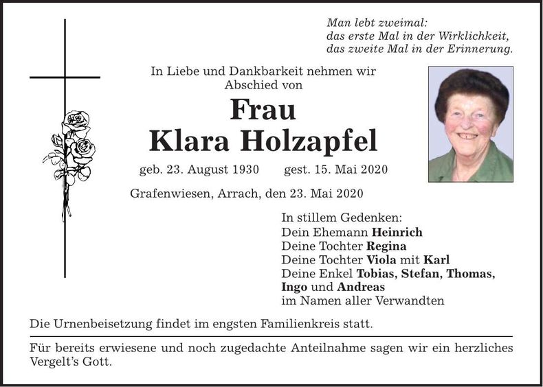 Traueranzeige Klara Holzapfel