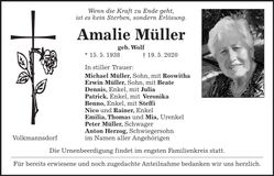 Traueranzeige Amalie Müller