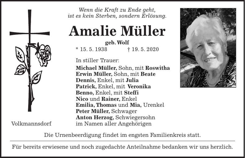 Traueranzeige Amalie Müller