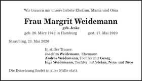 Traueranzeige Margrit Weidemann