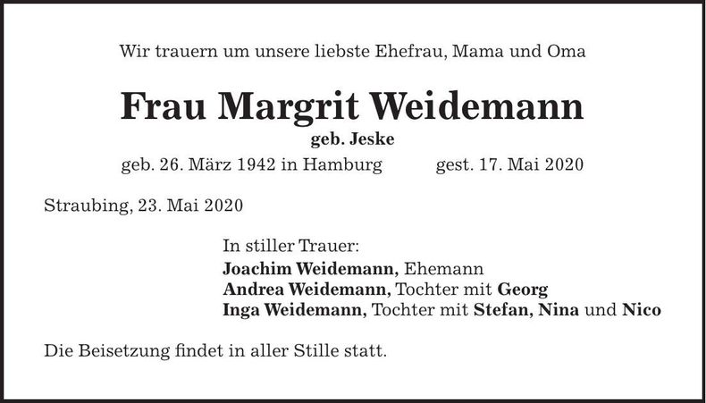 Traueranzeige Margrit Weidemann