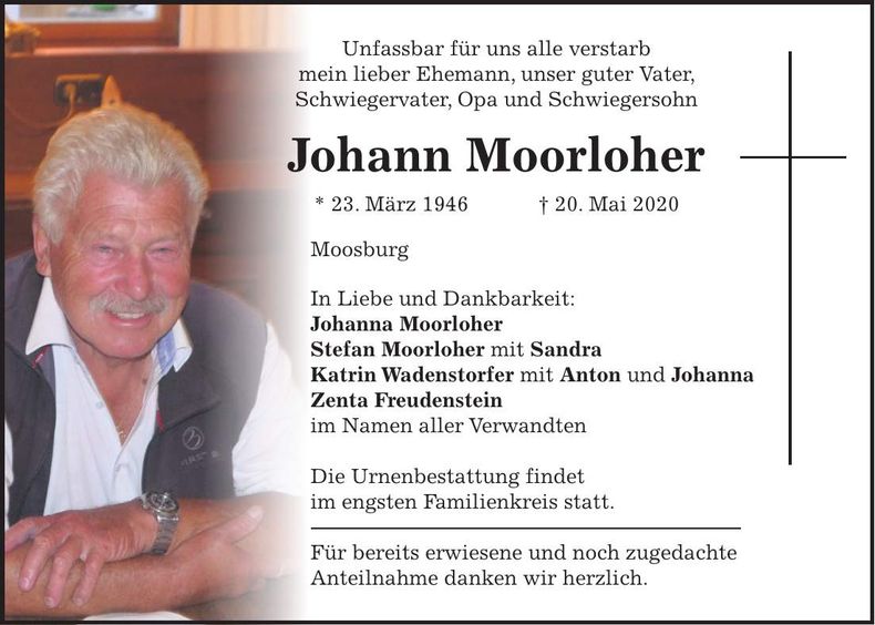Traueranzeige Johann Moorloher