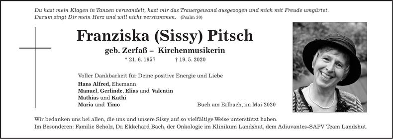 Traueranzeige Fanziska Pitsch