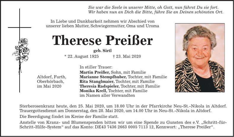 Traueranzeige Therese Preißer