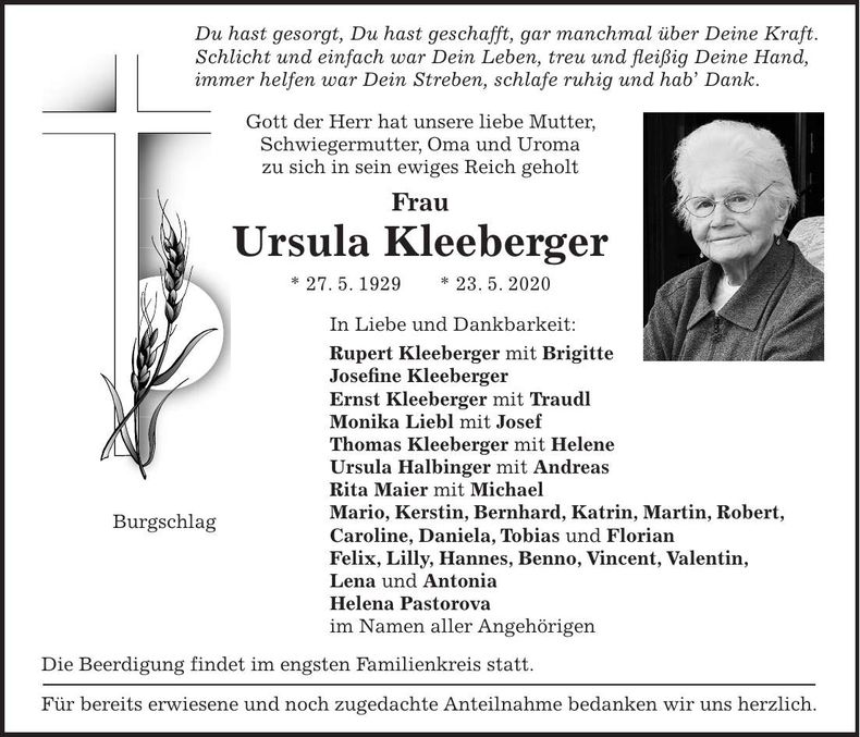 Traueranzeige Ursula Kleeberger