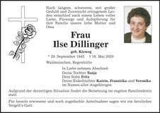 Traueranzeige Ilse Dillinger