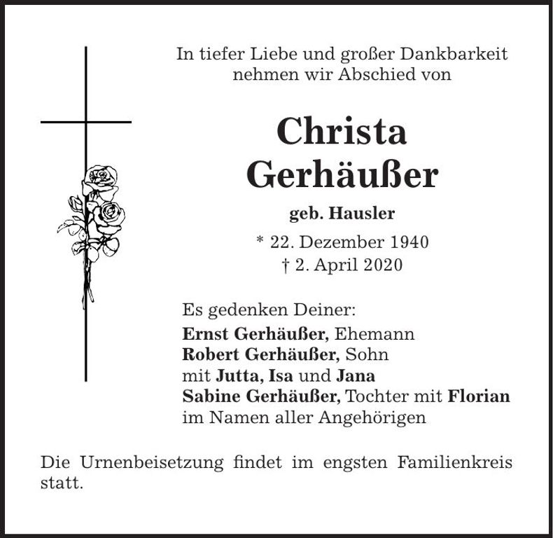 Traueranzeige Christa Gerhäußer