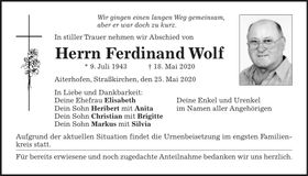 Traueranzeige Ferdinand Wolf