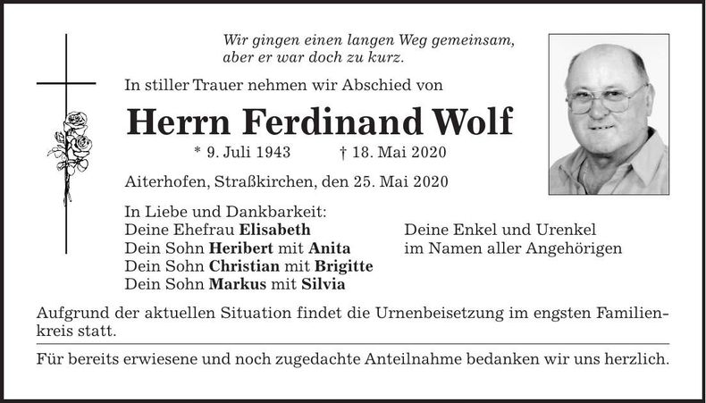 Traueranzeige Ferdinand Wolf