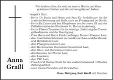 Traueranzeige Anna Graßl
