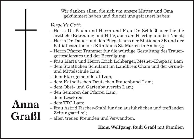 Traueranzeige Anna Graßl