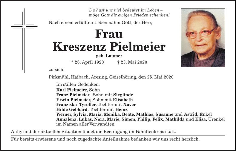 Traueranzeige Kreszenz Pielmeier