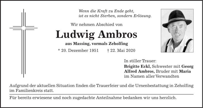 Traueranzeige Ludwig Ambros