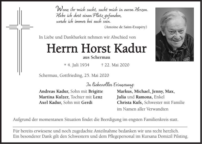 Traueranzeige Horst Kadur