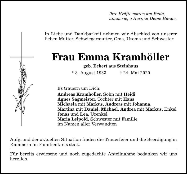Traueranzeige Emma Kramhöller