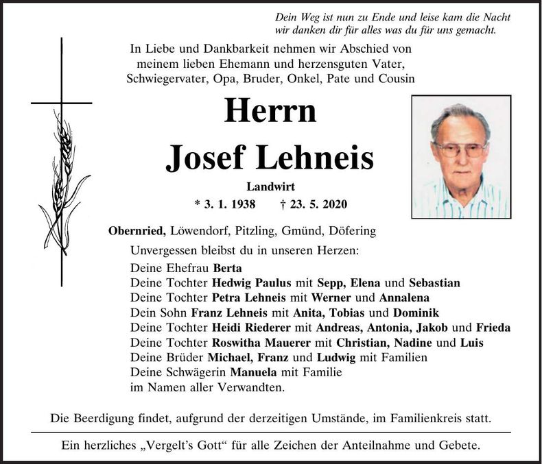 Traueranzeige Josef Lehneis