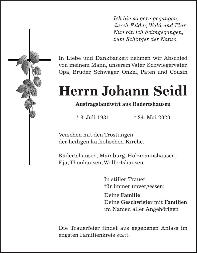 Traueranzeige Johannn Seidl