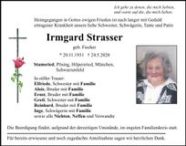 Traueranzeige Irmgard Strasser