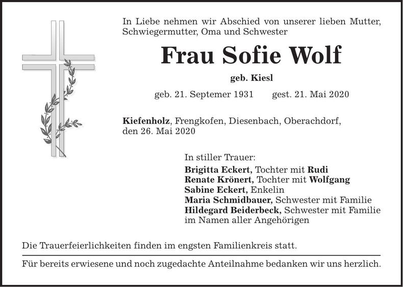 Traueranzeige Sofie Wolf