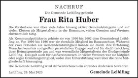 Traueranzeige Rita Huber