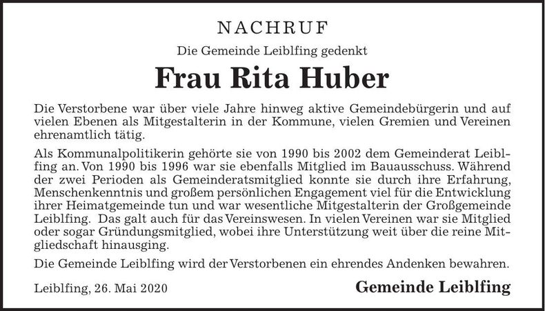 Traueranzeige Rita Huber