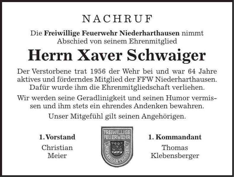 Traueranzeige Xaver Schwaiger