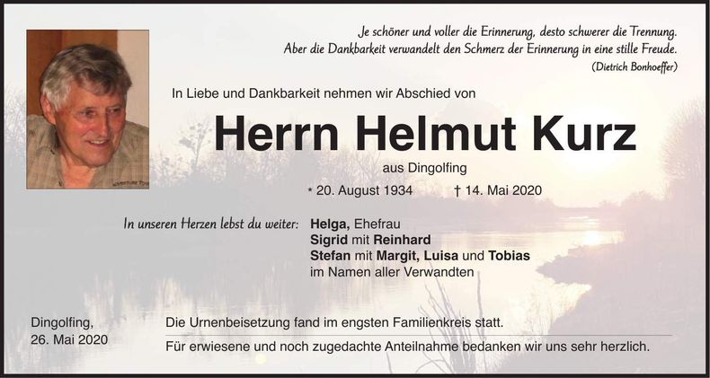 Traueranzeige Helmut Kurz