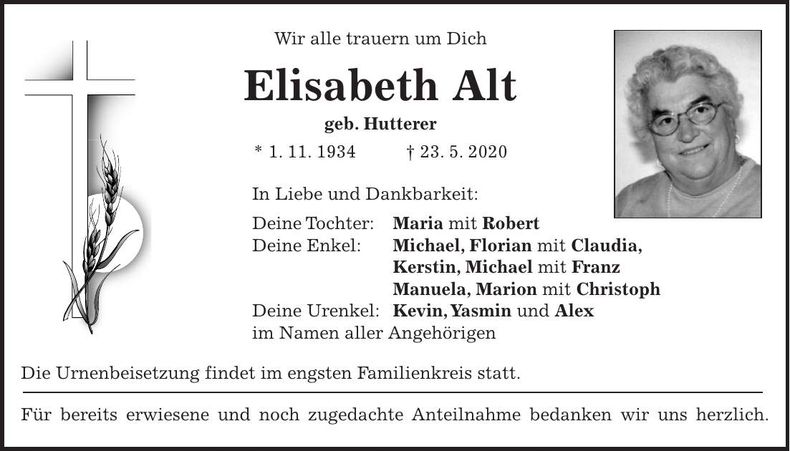 Traueranzeige Elisabeth Alt