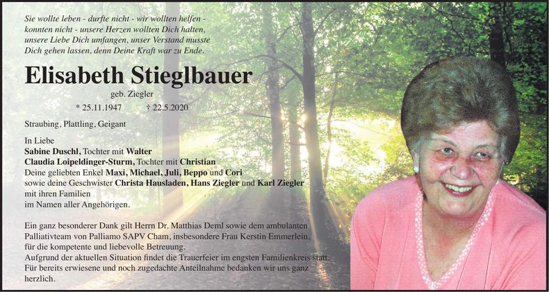 Traueranzeige Elisabeth Stieglbauer