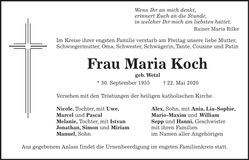 Traueranzeige Maria Koch