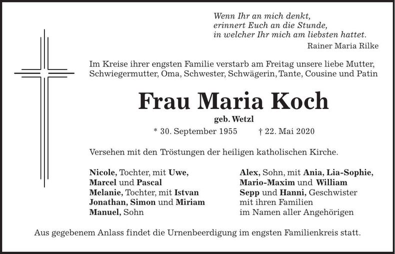 Traueranzeige Maria Koch