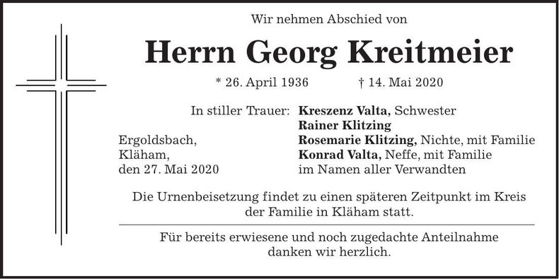 Traueranzeige Georg Kreitmeier