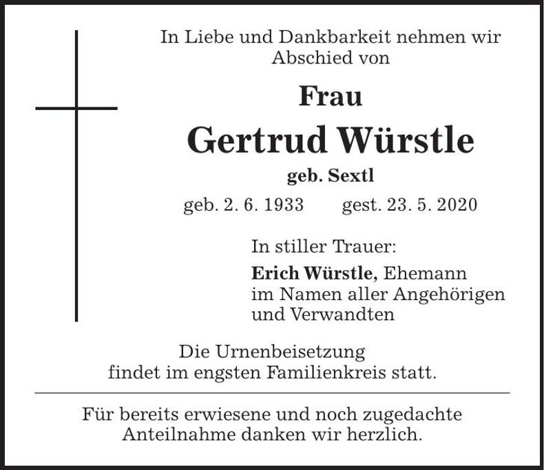 Traueranzeige Gertrud Würstle