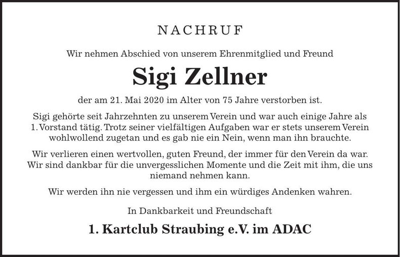 Traueranzeige Sigi Zellner