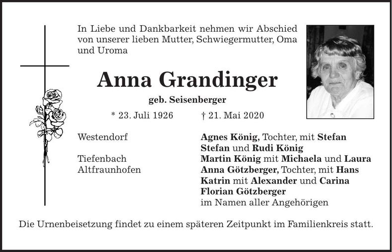 Traueranzeige Anna Grandingr
