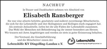 Traueranzeige Elisabeth Ransberger