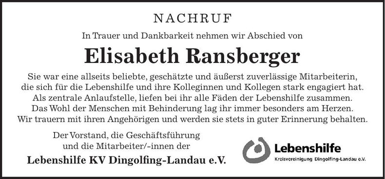Traueranzeige Elisabeth Ransberger