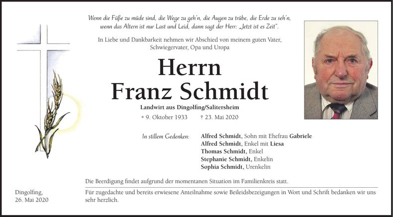 Traueranzeige Franz Schmidt