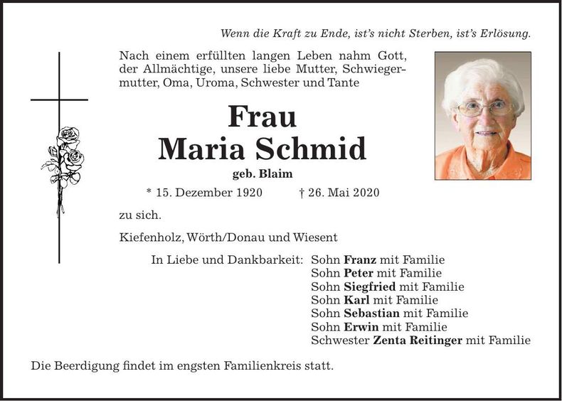 Traueranzeige Maria Schmid