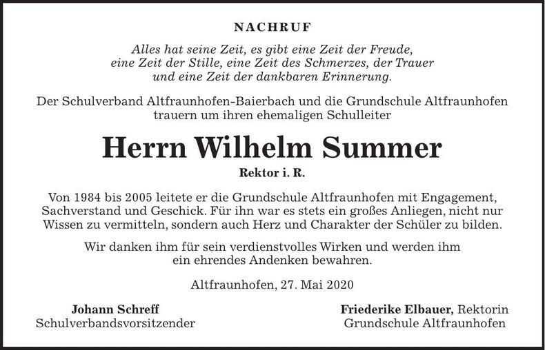 Traueranzeige Wilhelm Summer