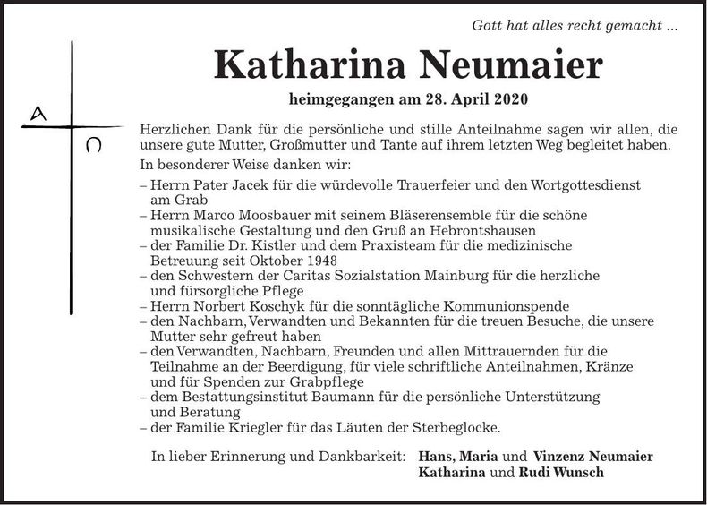 Traueranzeige Katharina Neumaier