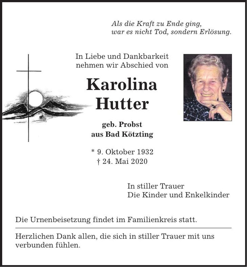 Traueranzeige Karolina Hutter