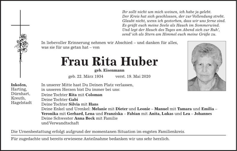 Traueranzeige Rita Huber