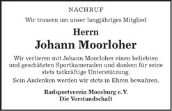 Traueranzeige Johann Moorloher