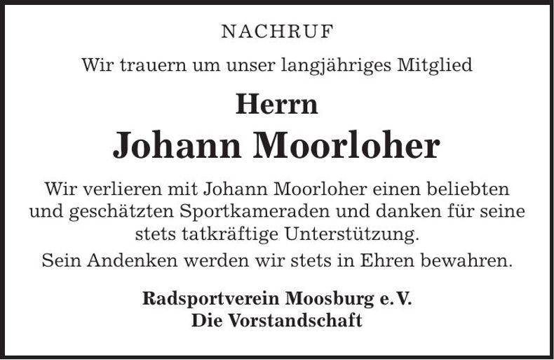 Traueranzeige Johann Moorloher