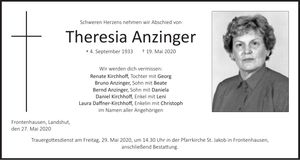 Traueranzeige Theresia Anzinger