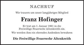 Traueranzeige Franz Hofinger
