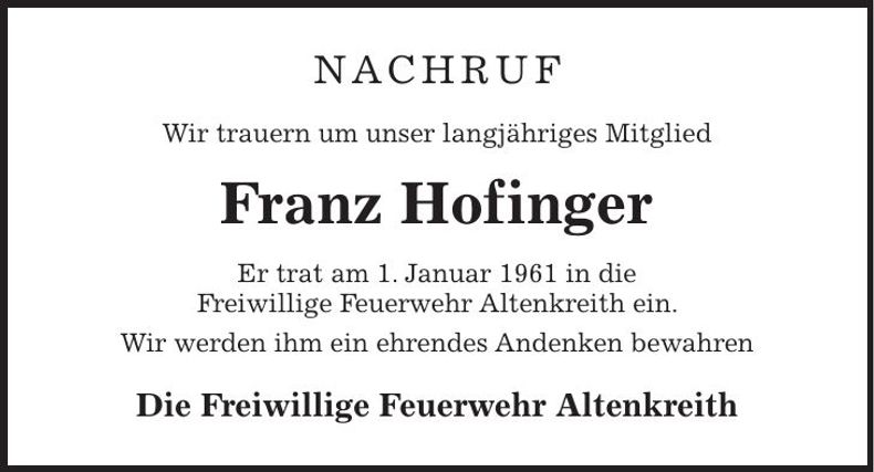 Traueranzeige Franz Hofinger