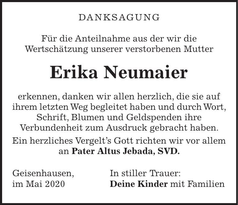 Traueranzeige Erika Neumaier