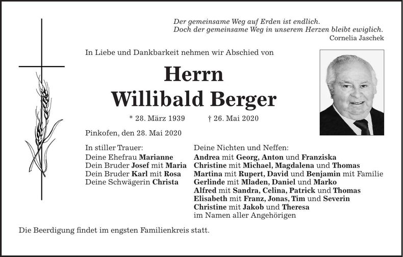 Traueranzeige Willibald Berger
